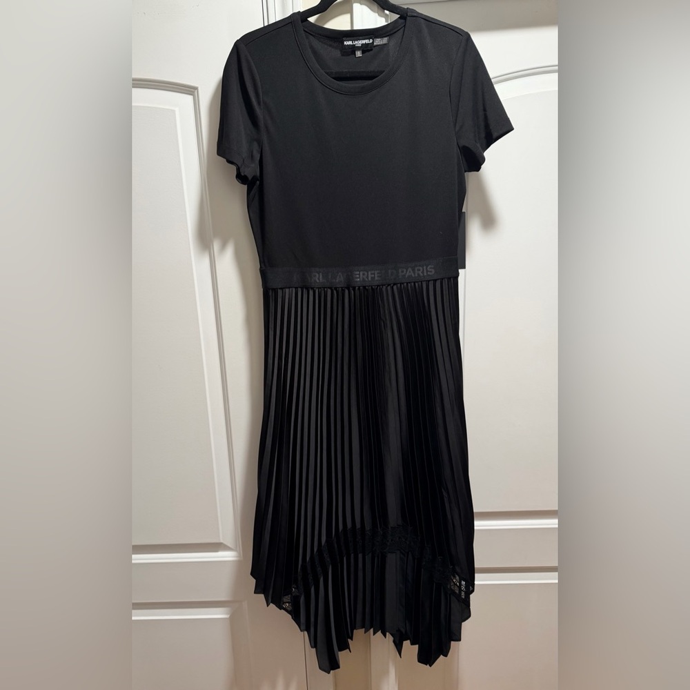 NWT. Karl Lagerfeld Monogramed Mixed-Media Pleated Midi Dress - Picture 6 of 10